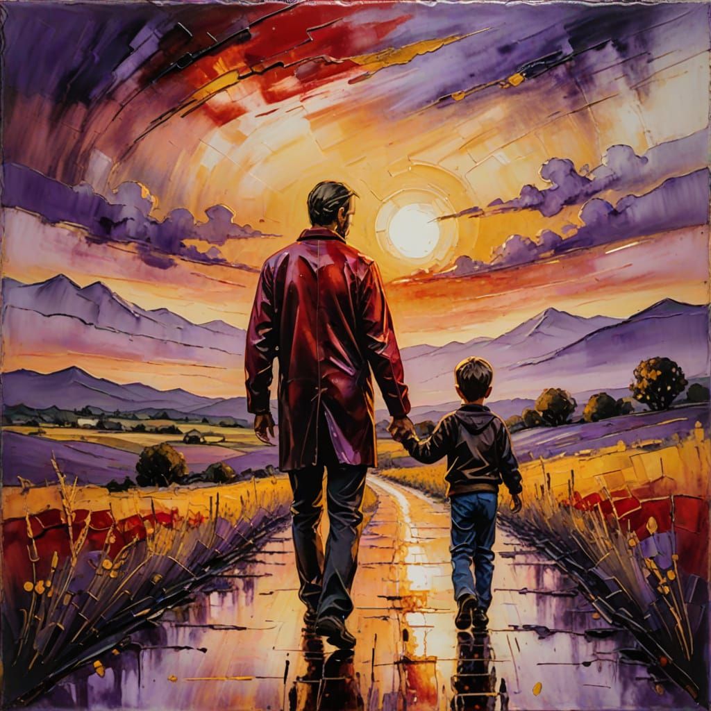 Father and Child Walk Under Sunset Sky Encaustic Painting