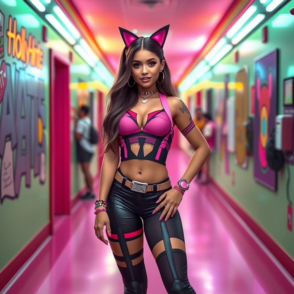 Confident Woman in Neon High School Hallway