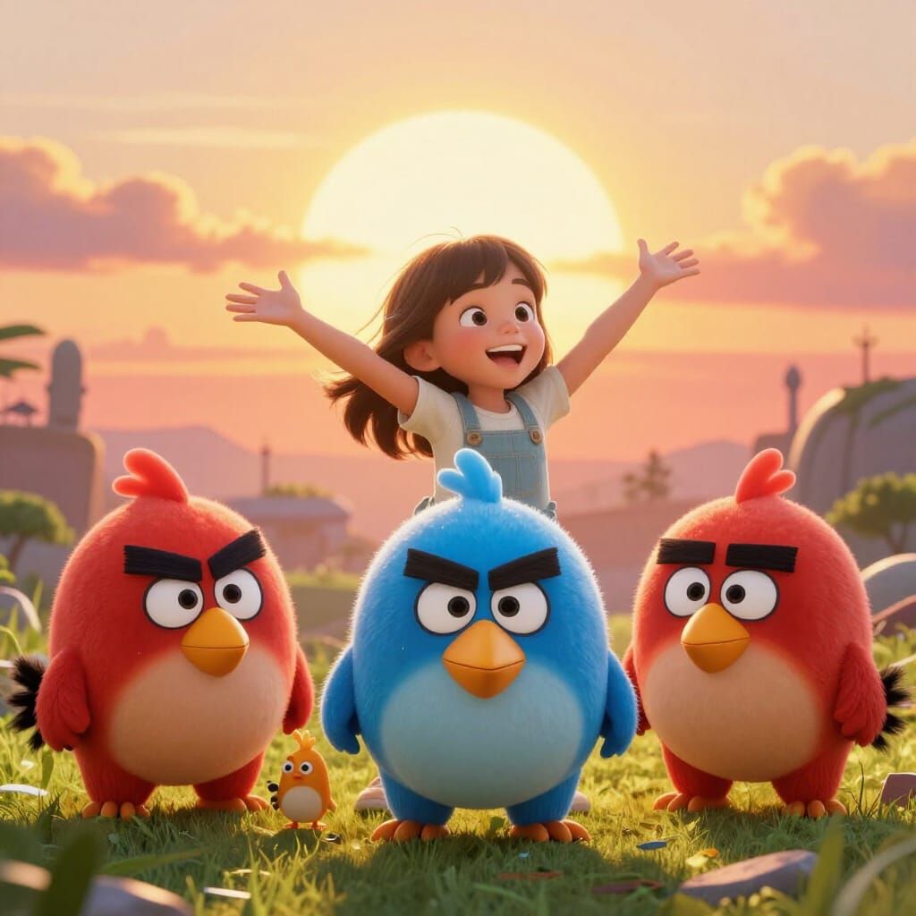 Girl Playing With Angry Birds in Sunrise Glow