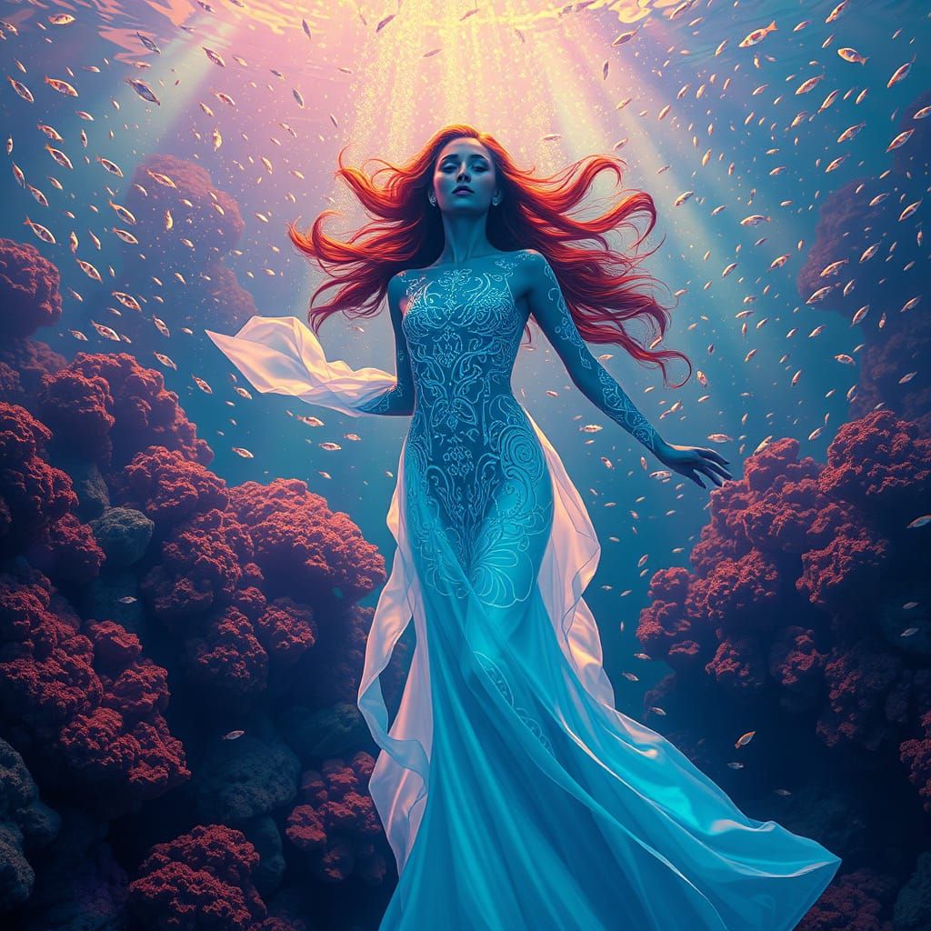 Bioluminescent Woman in Alien Coral Reef, Digital Painting