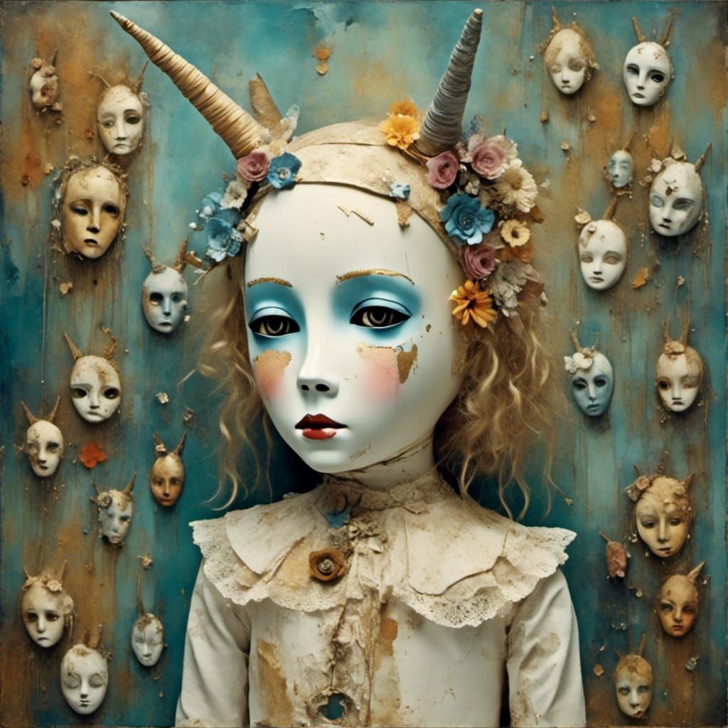 Dystopian Doll Mask with Geometric Grunge Textures