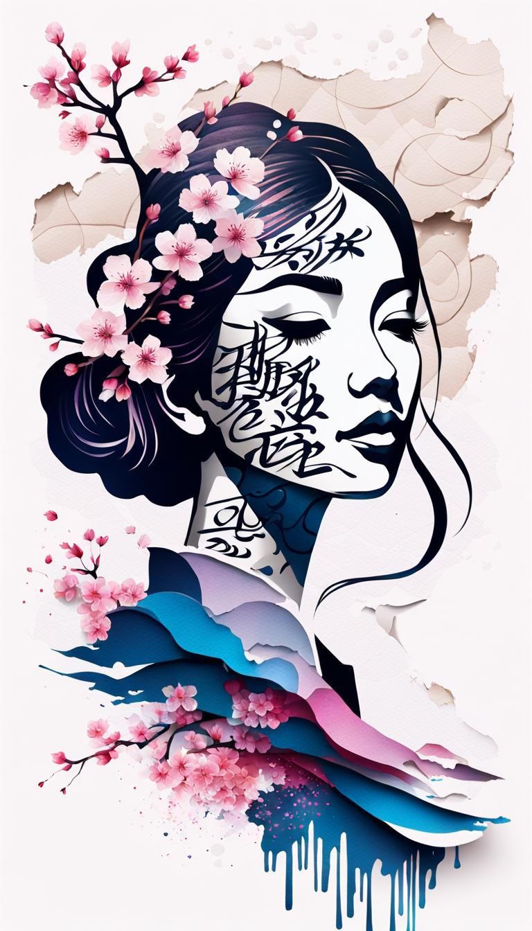 Calligraphic Girl with Cherry Blossoms in Ink