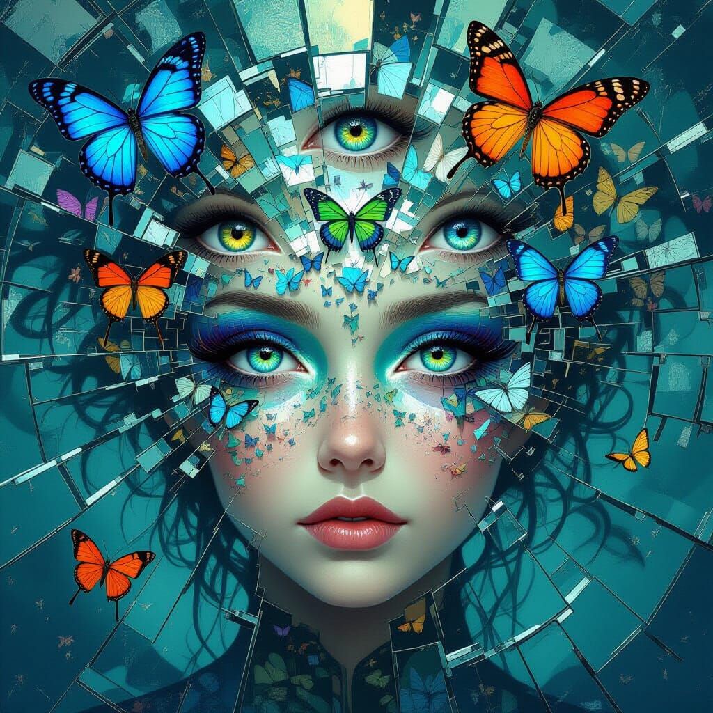 Mystical Twelve-Eyed Being Reflecting Surreal Visions