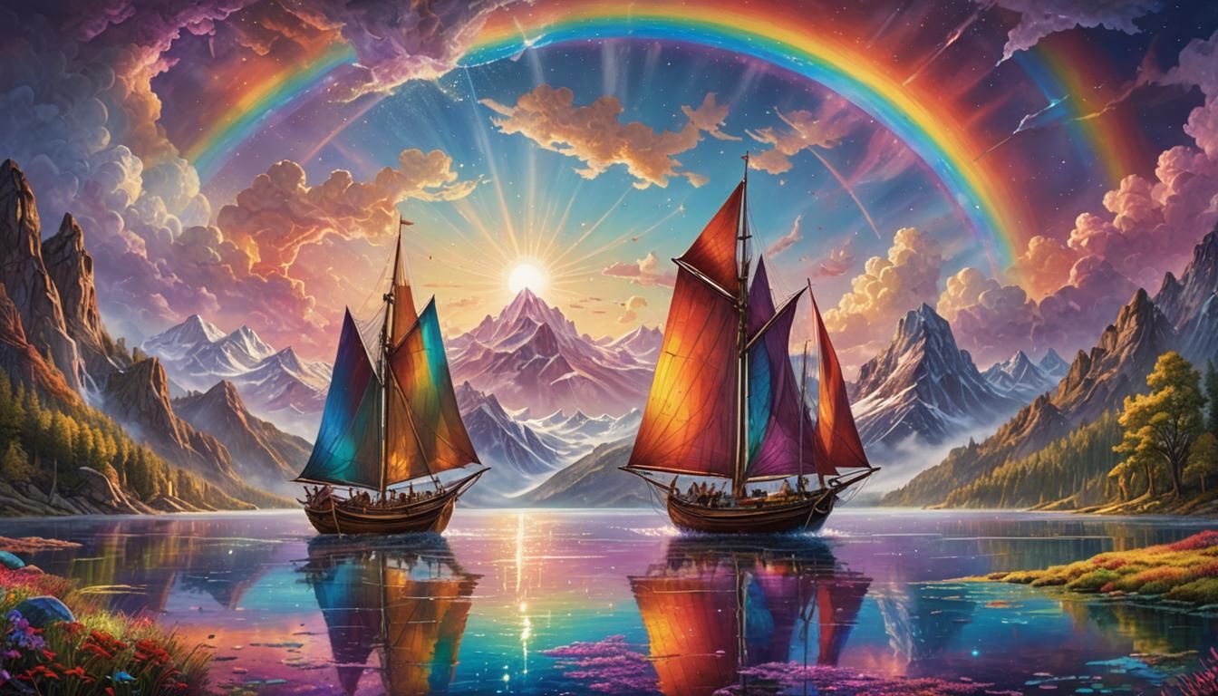 Sailing Boat on Lake Under Fragmented Rainbow