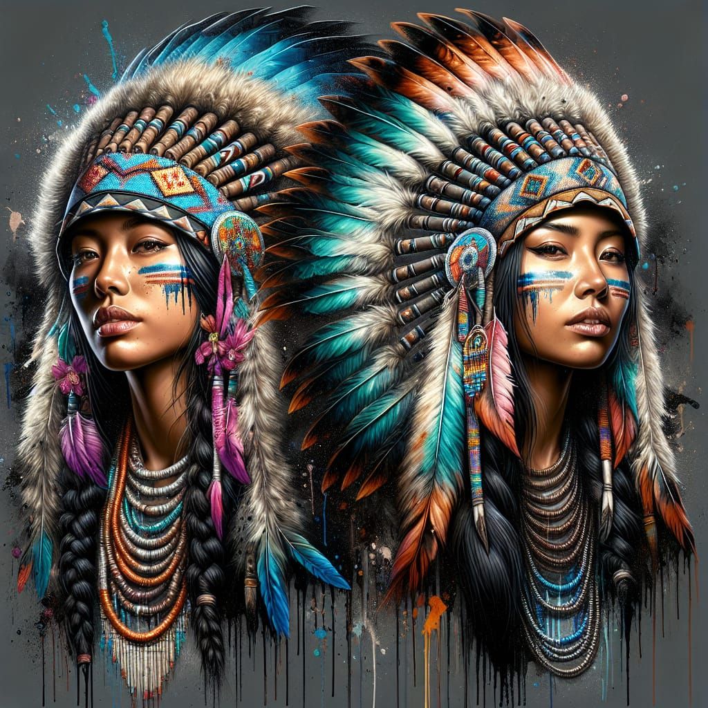 Proud Native American Chief and Maiden in Street Art Style