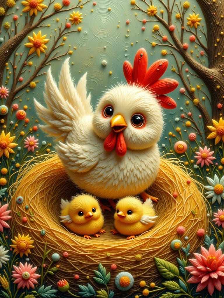 Mother Hen and Chicks in Candy Art Style