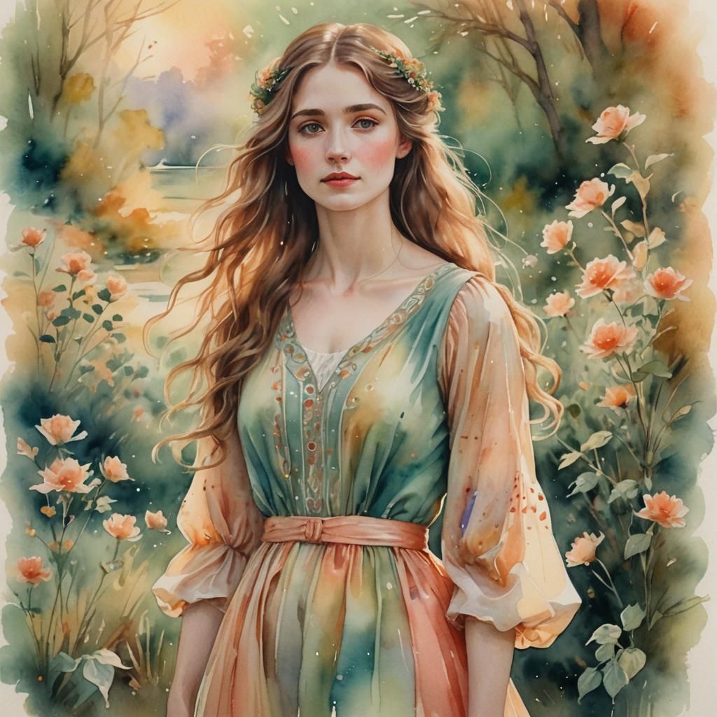 Ethereal Woman Portrait in Watercolor Style