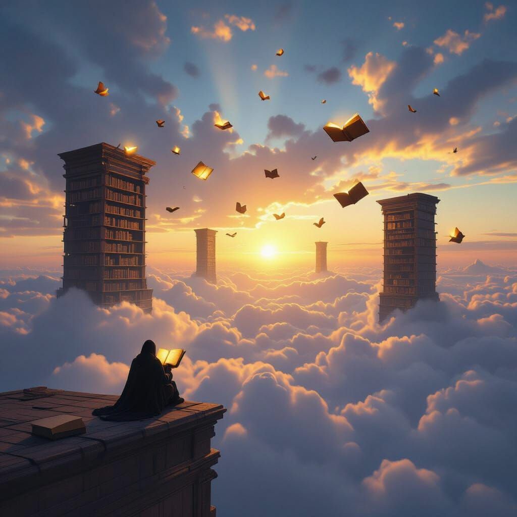 Floating Library in the Clouds at Sunset