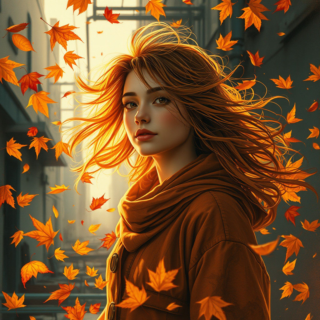 Autumn Woman in Urban Landscape, Gritty Illustration