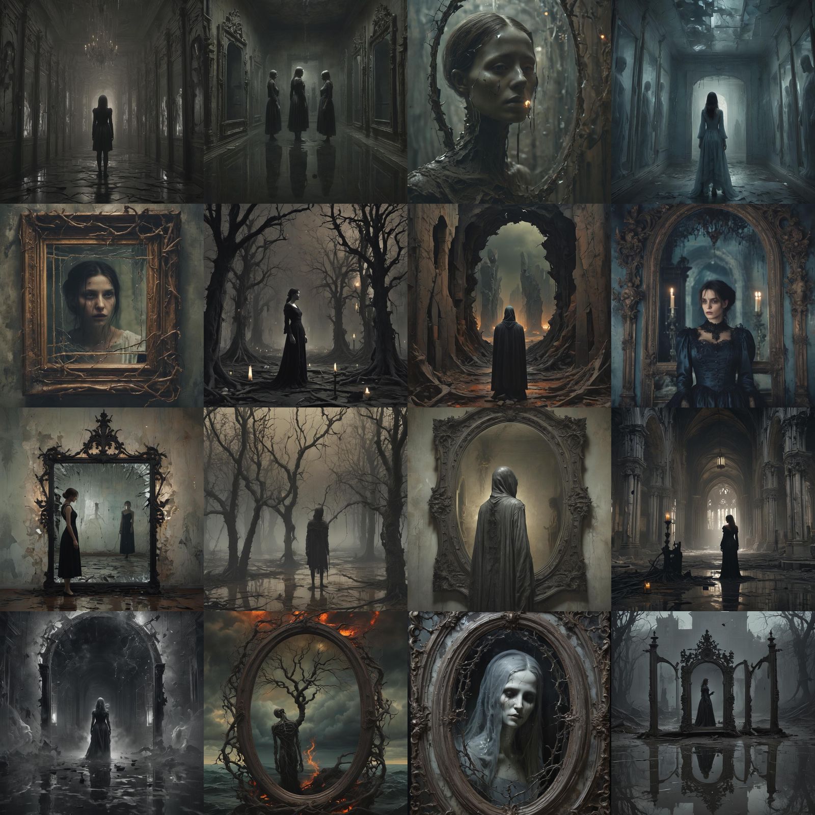 Terrifying Gothic Horror Scene with Ghosts and Mirrors