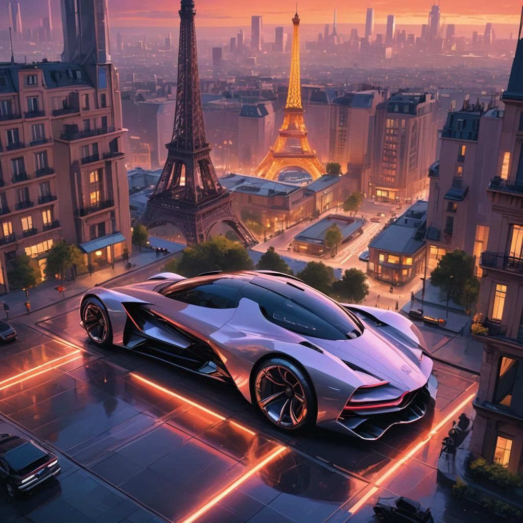 Futuristic Vehicle in Eiffel Tower Courtyard, Neon Cityscape
