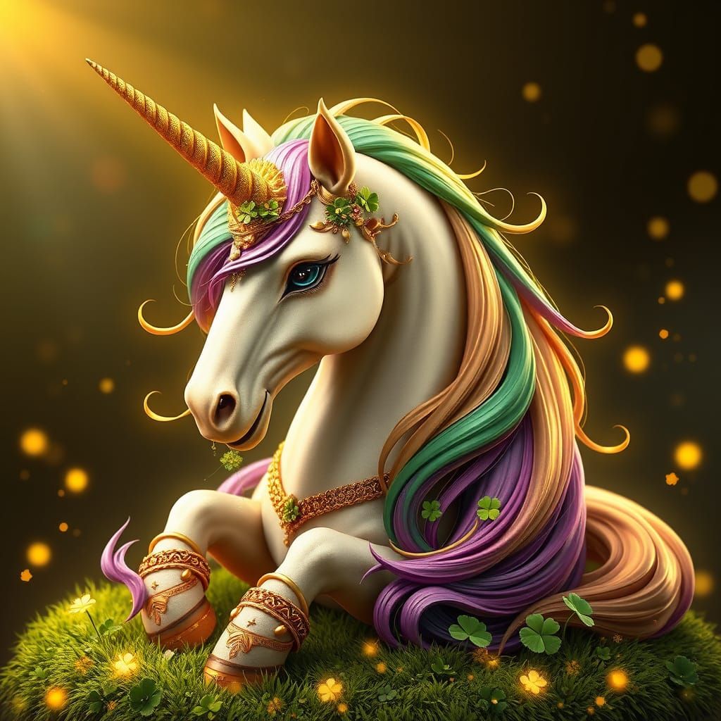 A majestic unicorn with a golden horn, flowing green and gol...