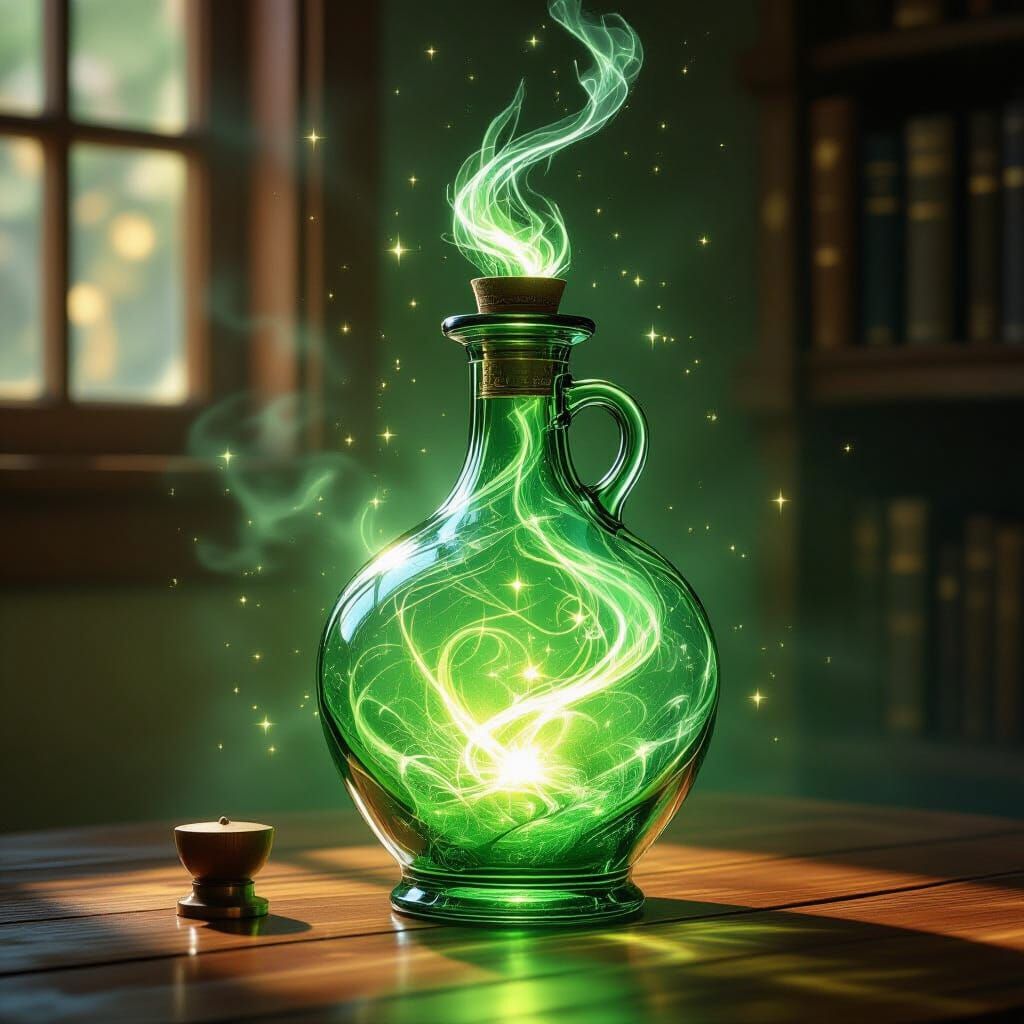 Green Genie Emerges From Ornate Antique Bottle