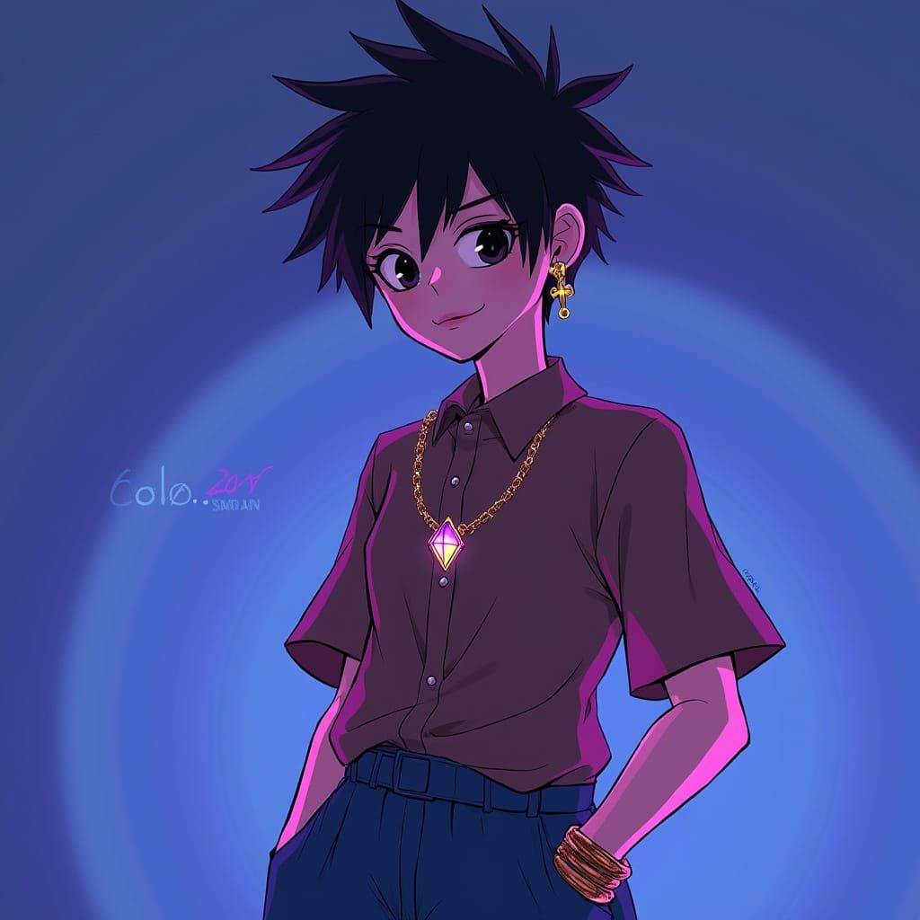 Boy in Brown Blouse with Neon Accents