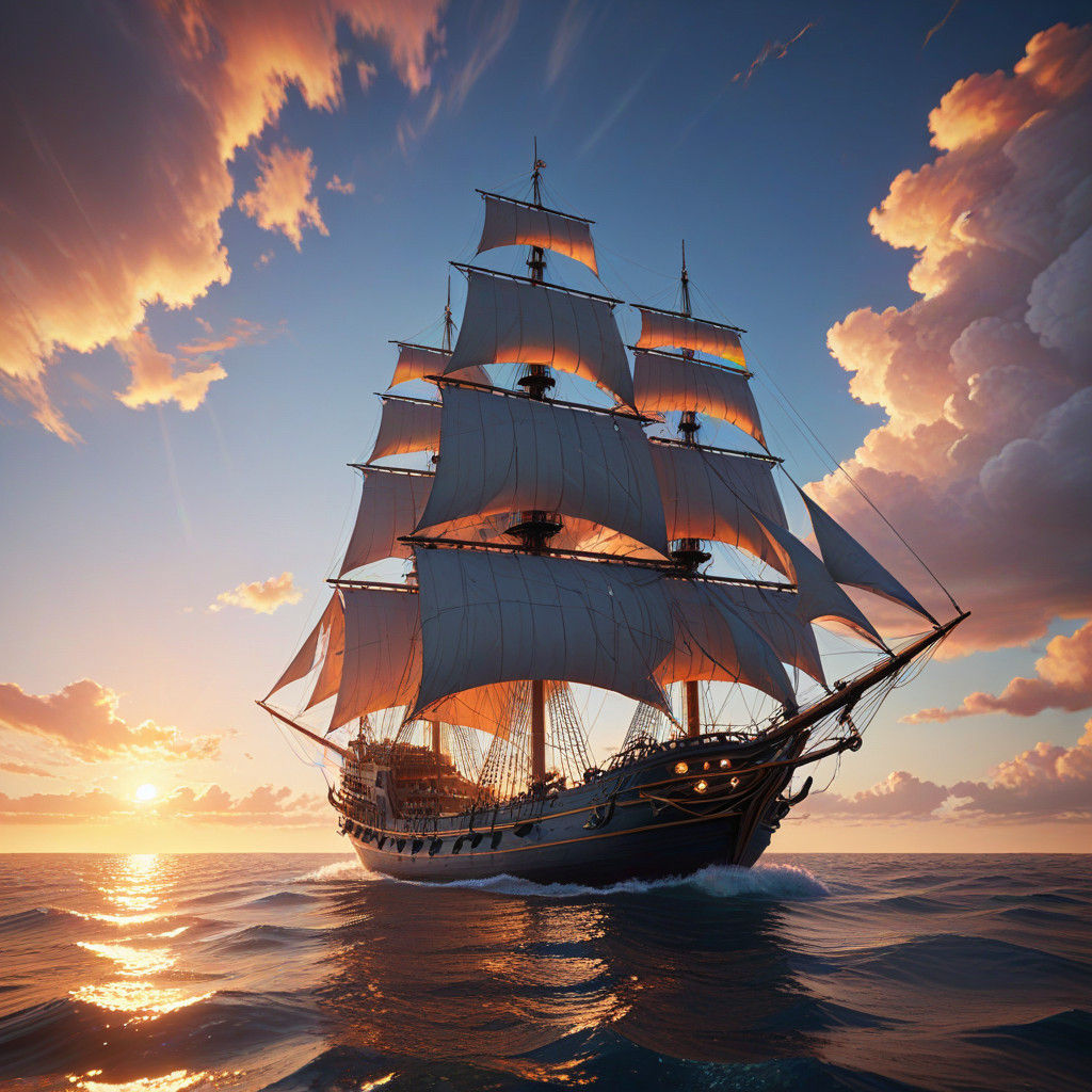 Sail Ship Sails Across Serene Ocean at Sunset in Vibrant Con...