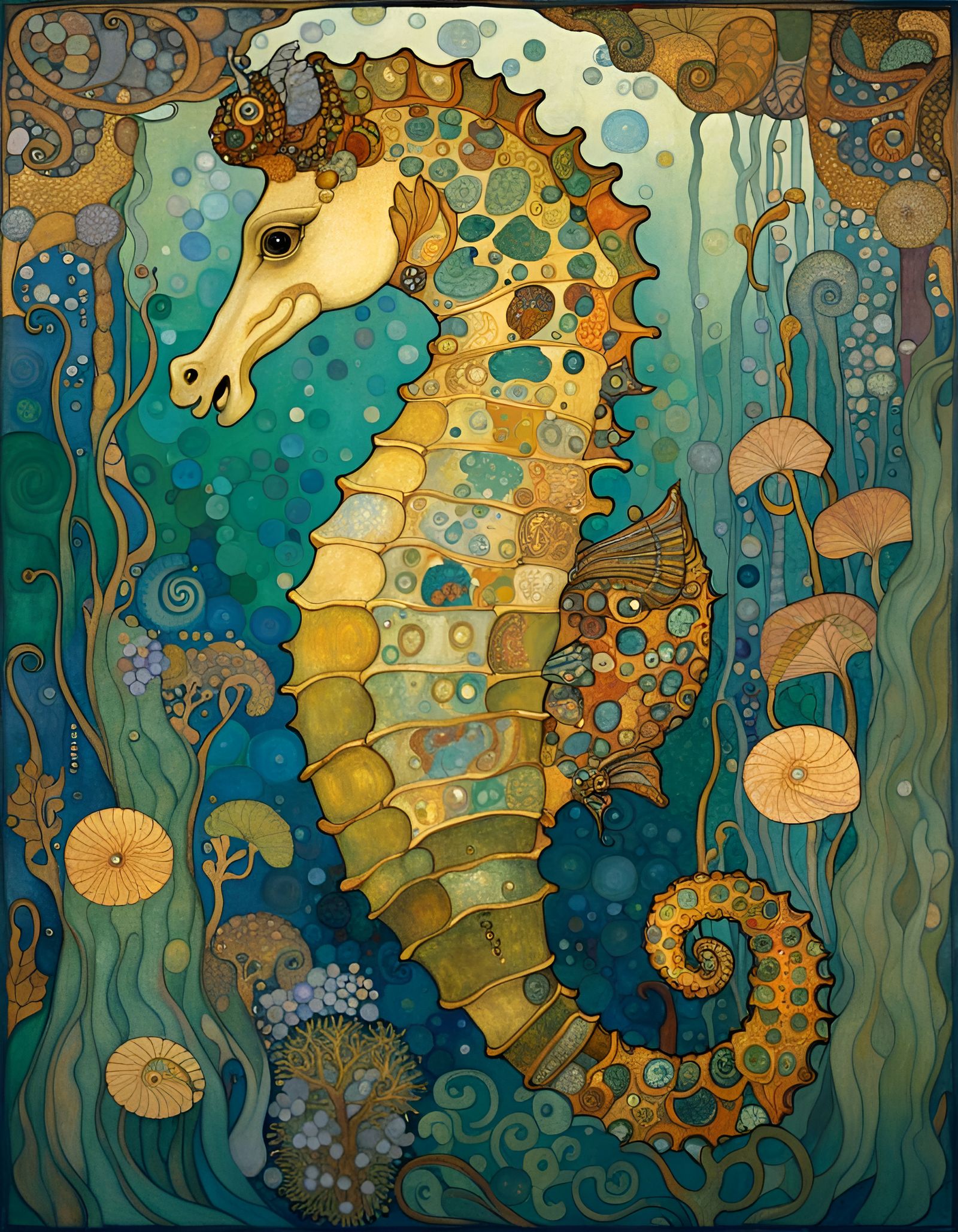 Art Nouveau Seahorse Inspired by Klimt and Morris