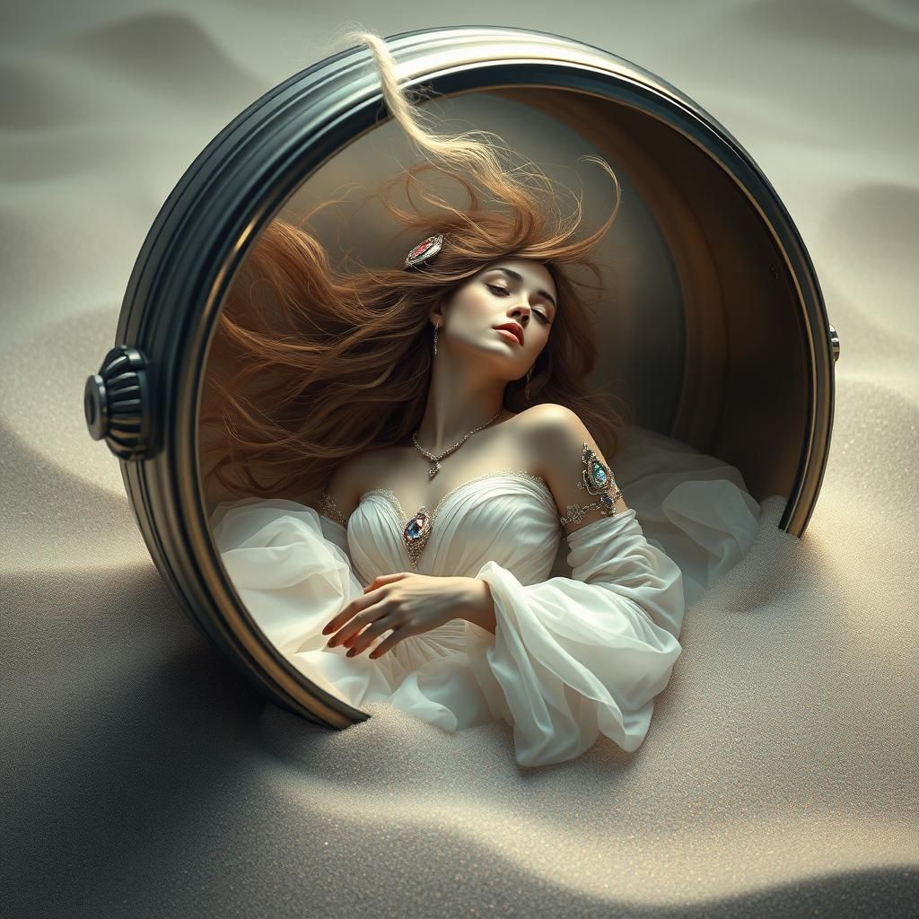Ethereal Woman Disintegrating in Time Capsule: Art Nouveau S...