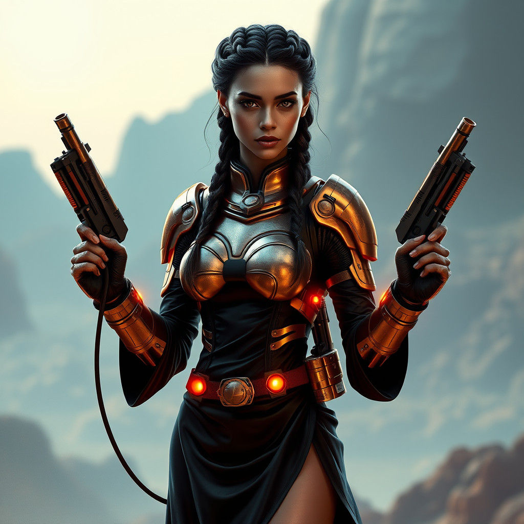 Armored Woman with Alien Guns in Sci-Fi Style