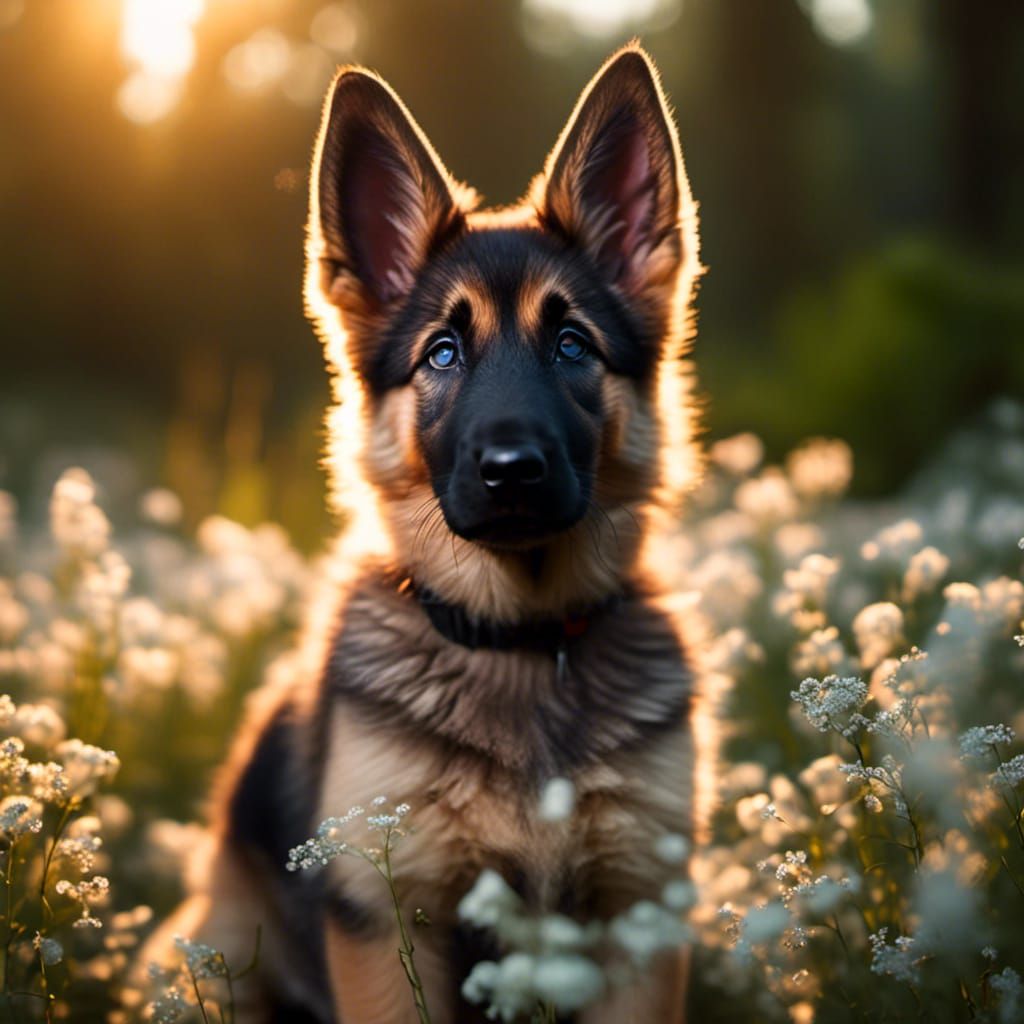 German Shepherd Puppy with Bioluminescent Forest