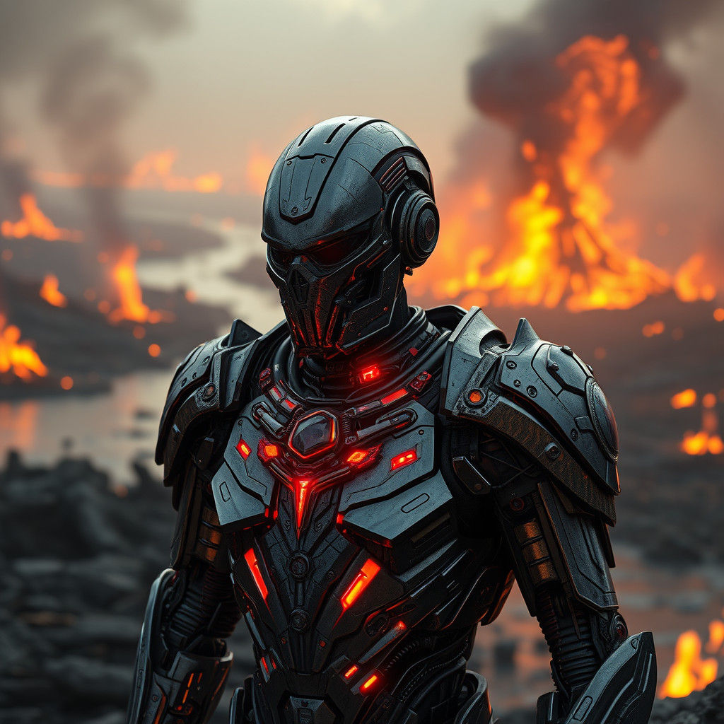 Armored Figure Amidst Fiery Landscape, Sci-Fi Concept Art