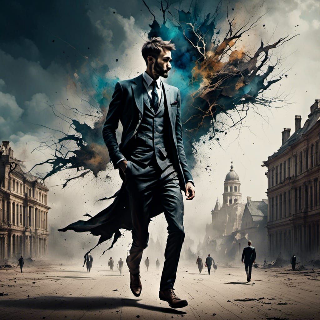 Man Holds Head After Meeting: Detailed Matte Painting