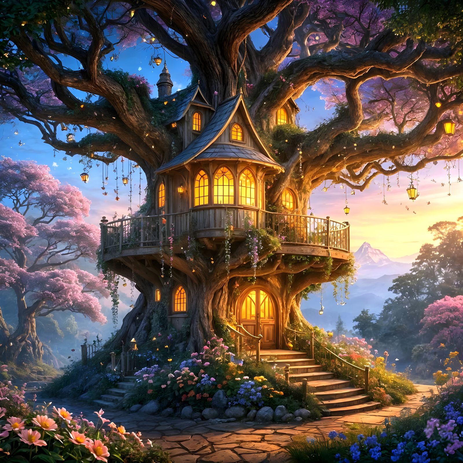 Whimsical Fantasy Treehouse in Enchanted Garden