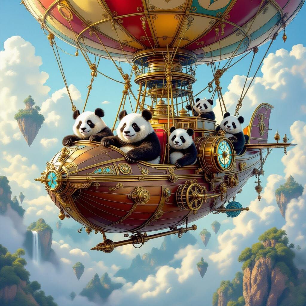 Pandas Pilot Clockwork Airship in Dreamscape