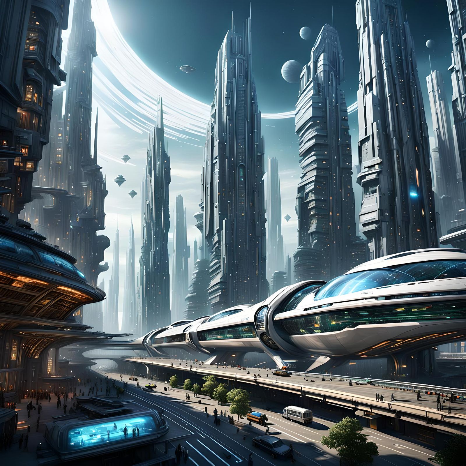 The year 4085 in a   gigantic intergalactic city with futuri...