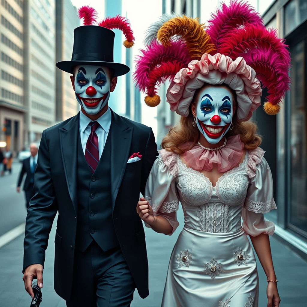 Surreal Couple with Clown Faces in Cityscape