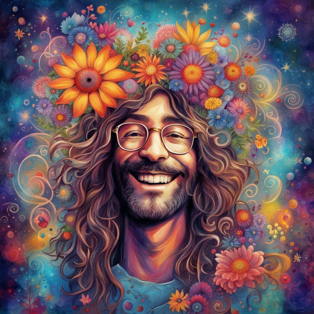 Happy Hippie with Flowers in Cosmic Illustration