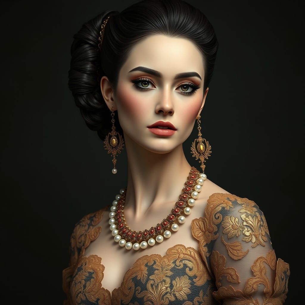 Elegant Fantasy Woman in Exquisite Lace Gown