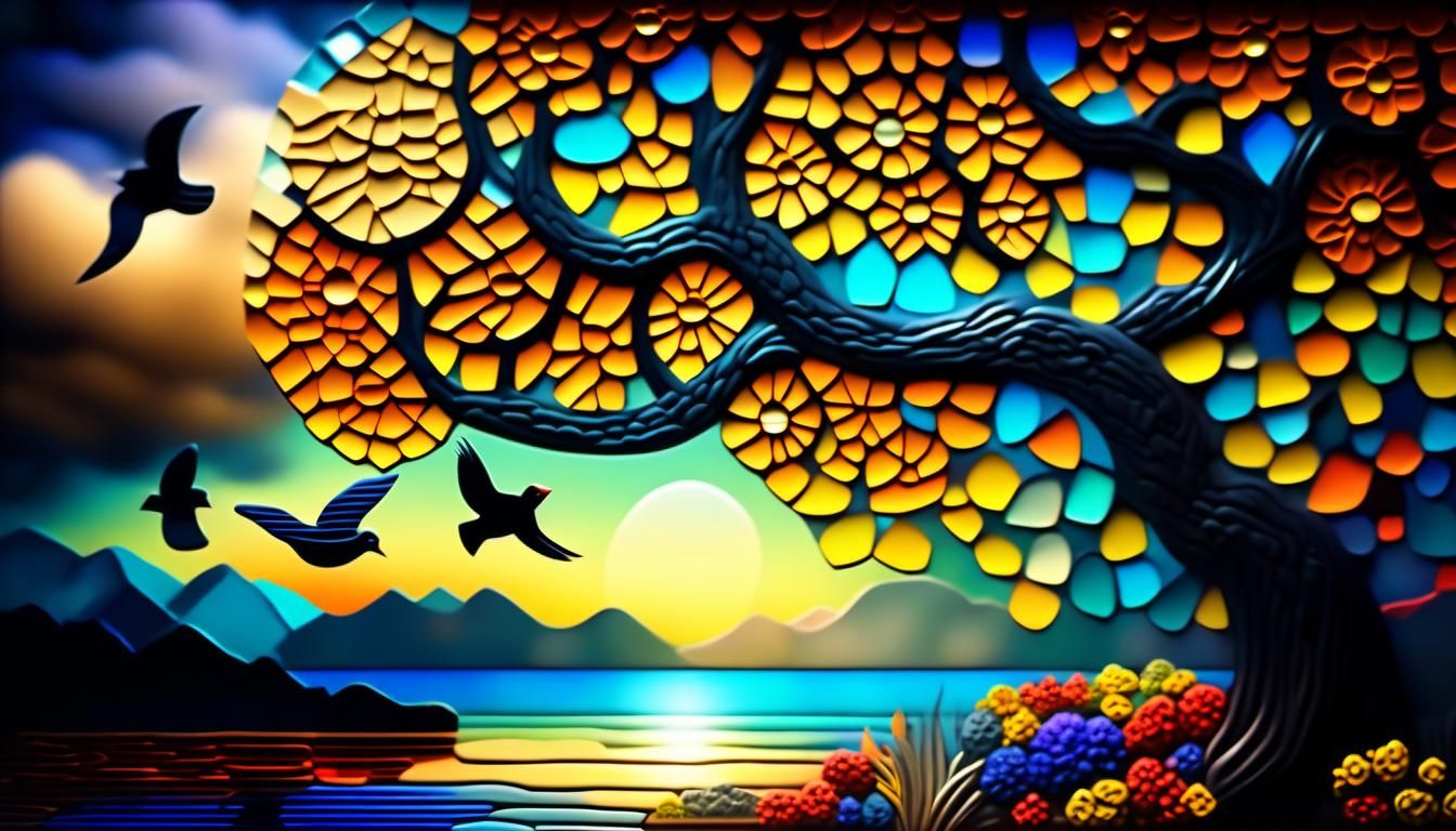 Mosaic Crystal Glass Landscape in Abstract Art Style