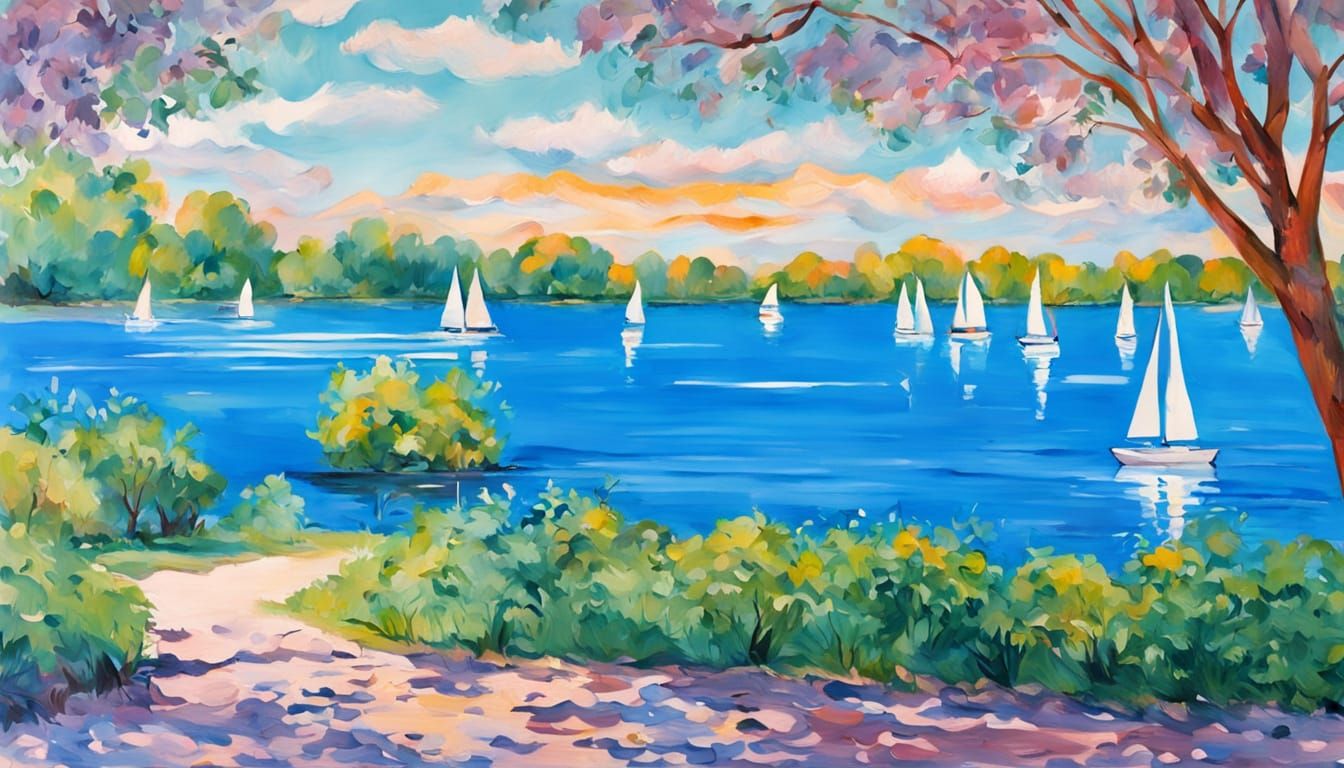 A reservoir country park with marina in background gouache d...