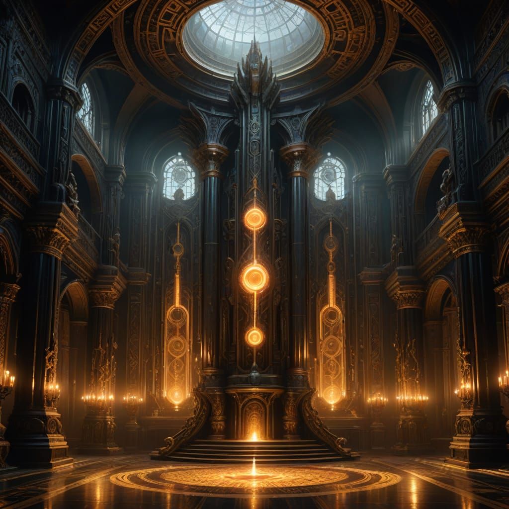Mystical Fiery Column in Opulent Grand Hall