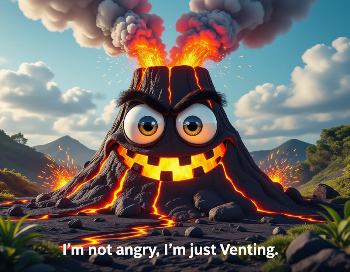 Anthropomorphic Volcano with Googly Eyes in Cartoon Eruption