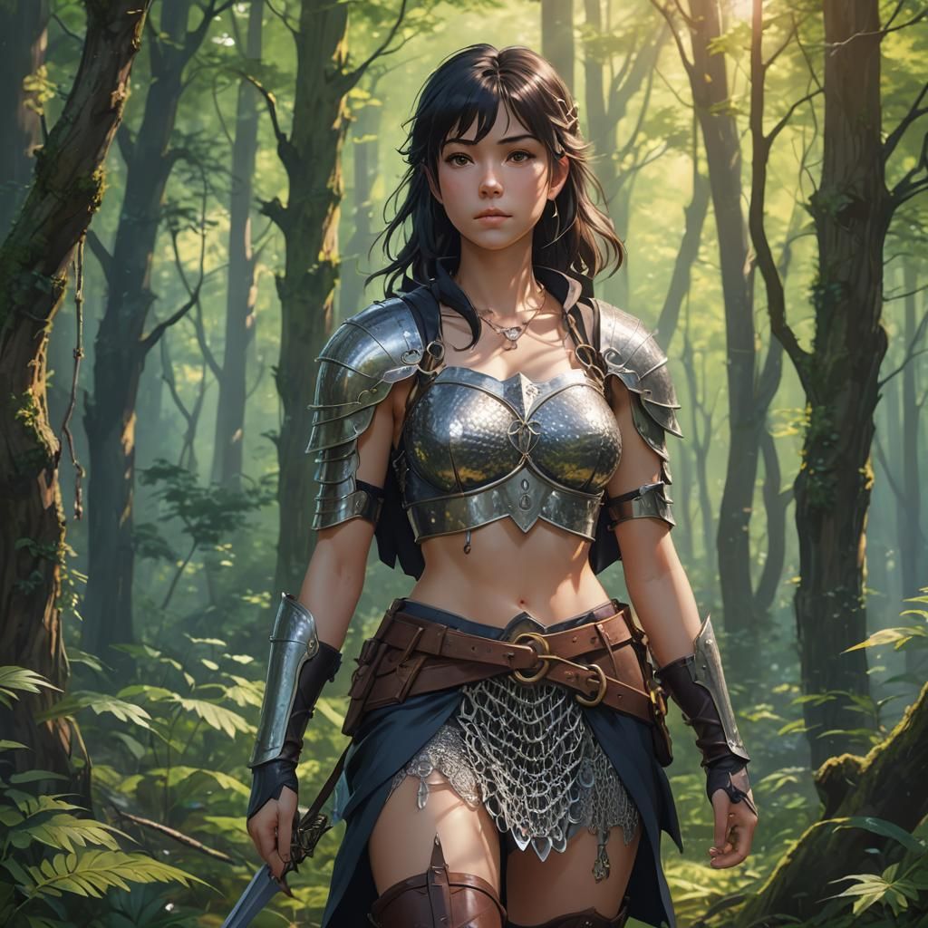 Anime Warrior Woman in Forest, Shinkai Style