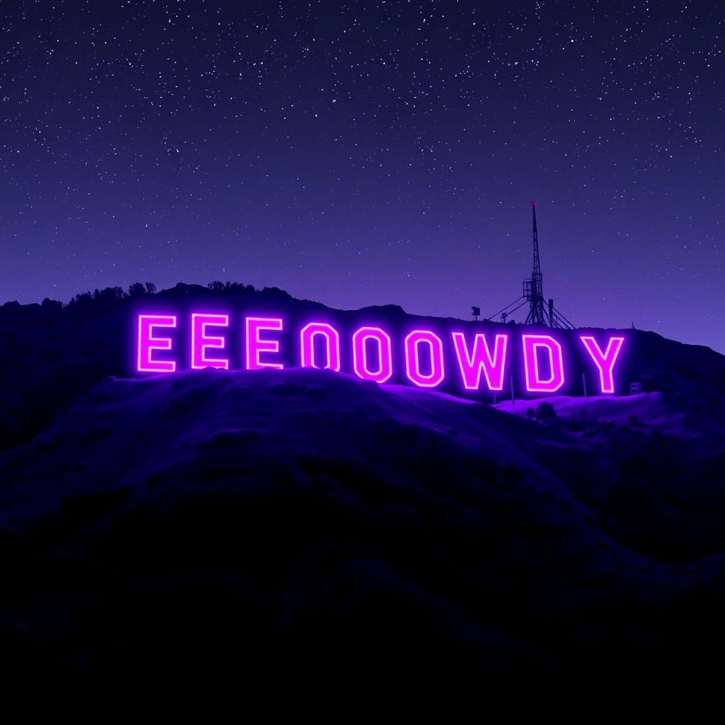 Glowing Purple Hollywood Sign in Synthwave Style