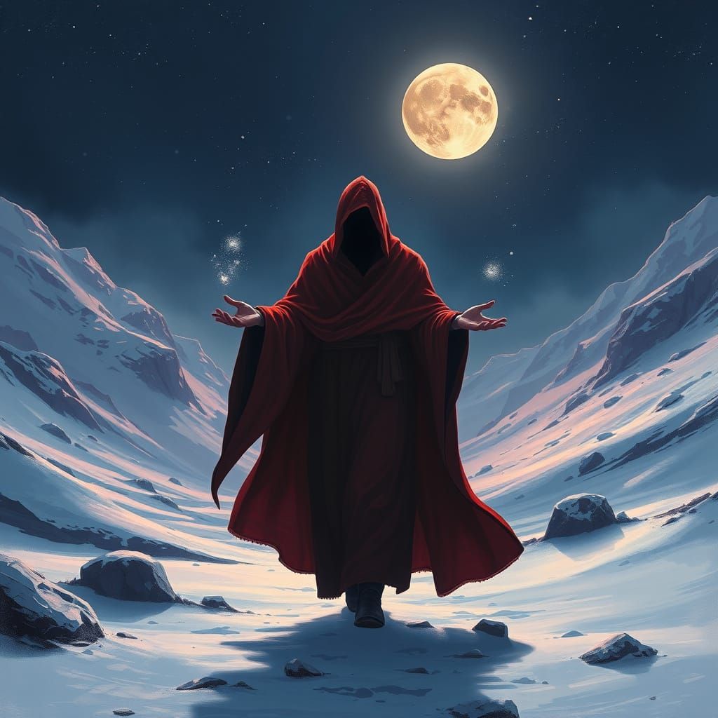 Crimson Robe Figure Under Two Moons
