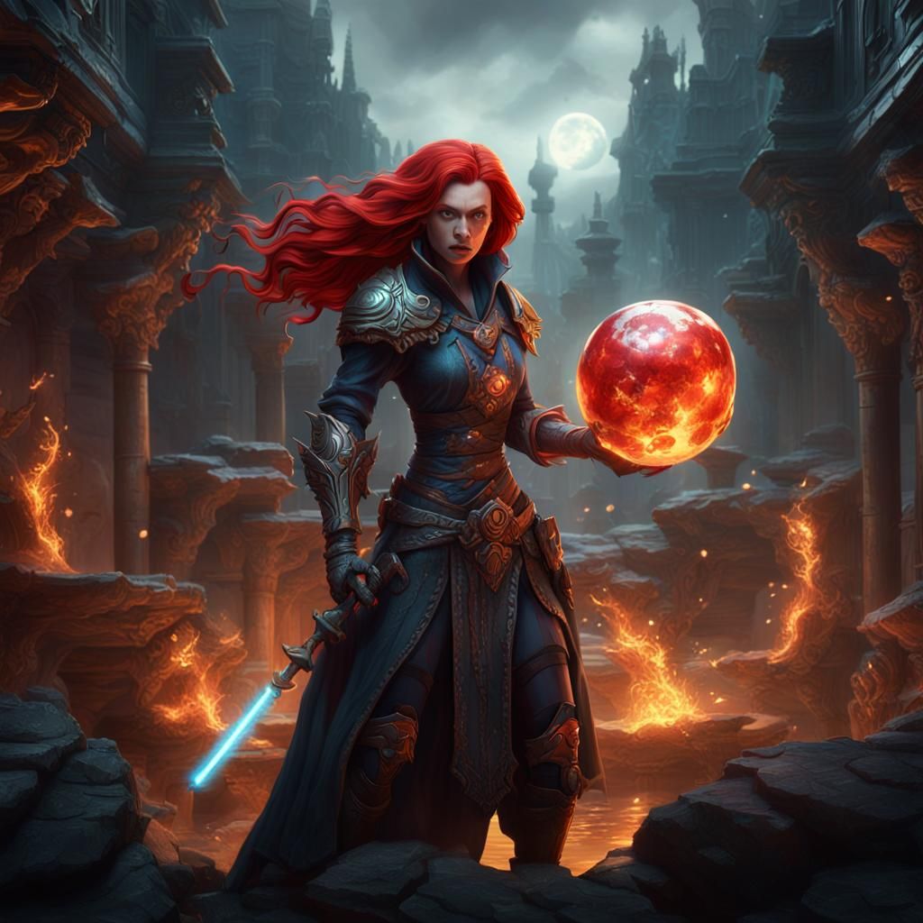 Red Haired Warrior with Magic Ball in Dark Fantasy Art