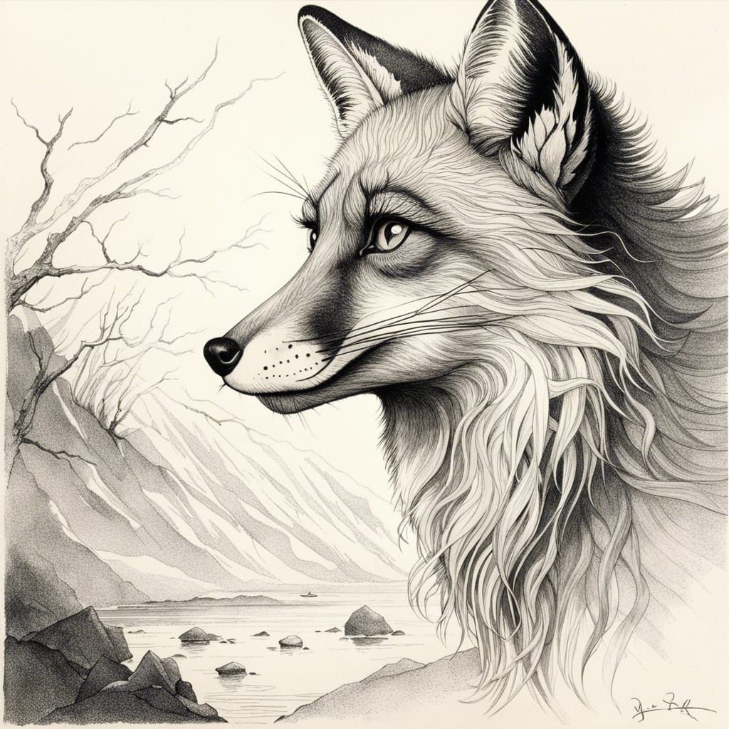 Fox in Ink and Pencil Sketch Style