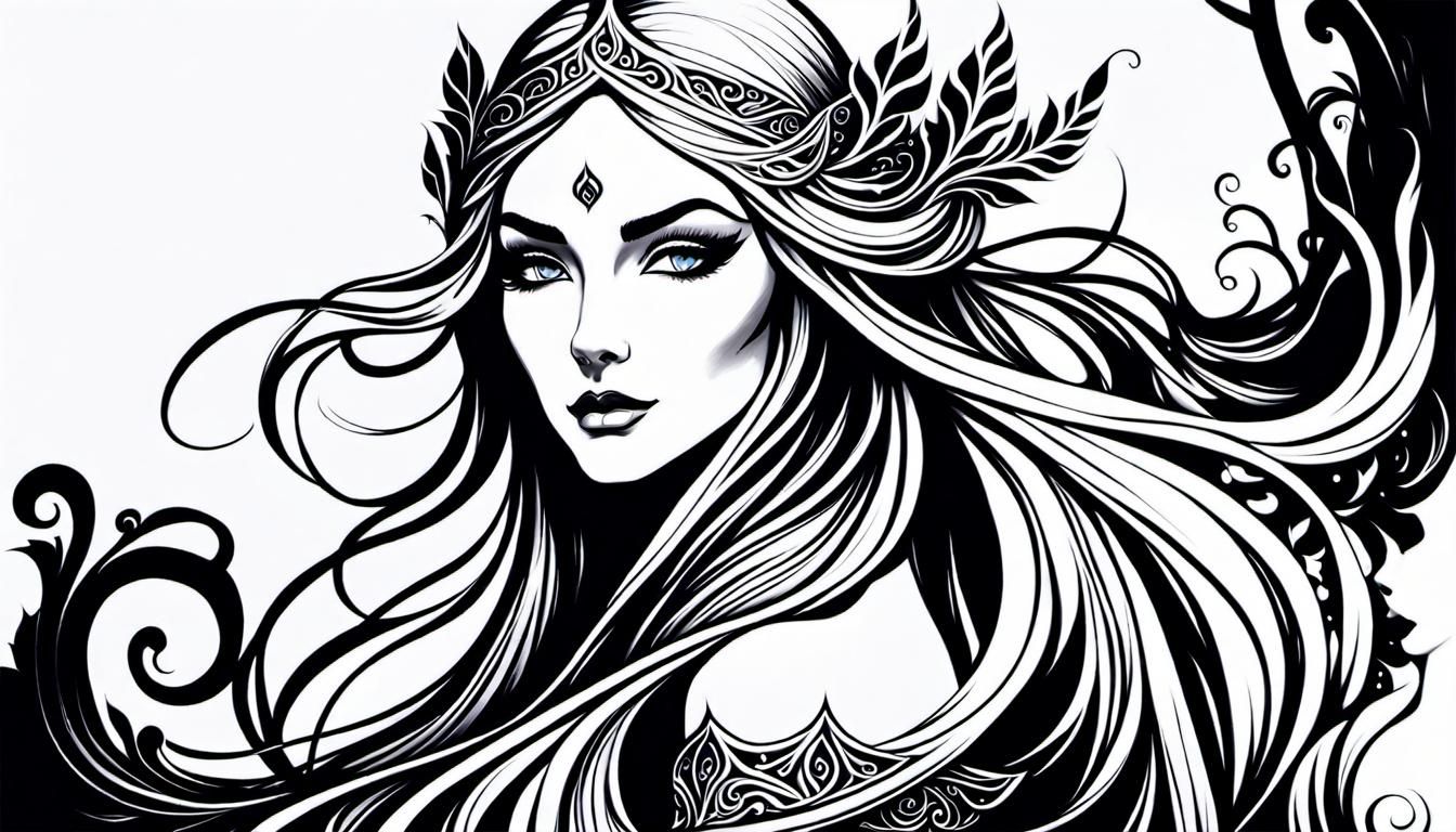 Elegant Elven Girl Dancing: Black Pen Illustration