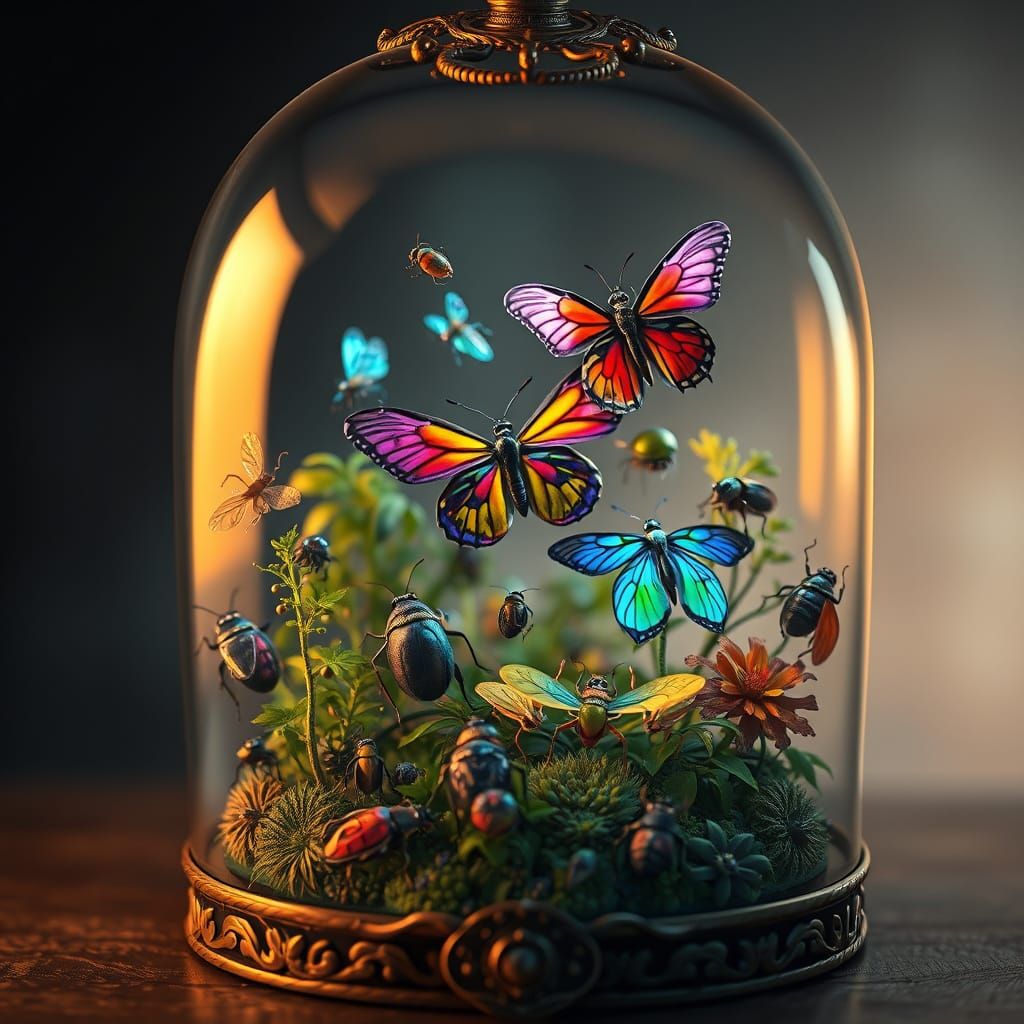 Mystical Glass Cloche Teeming with Iridescent Bugs