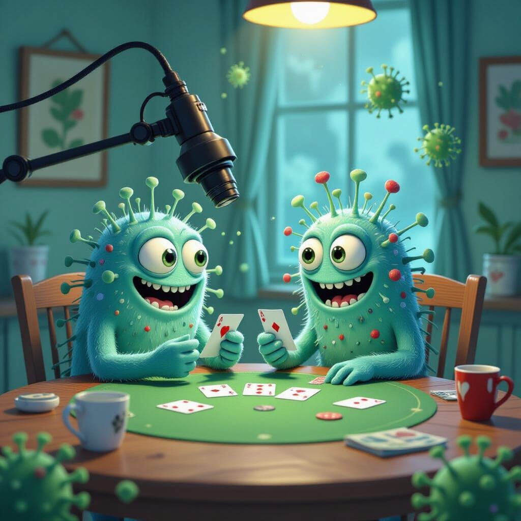 Microbe Friends Play Cards in Whimsical Style