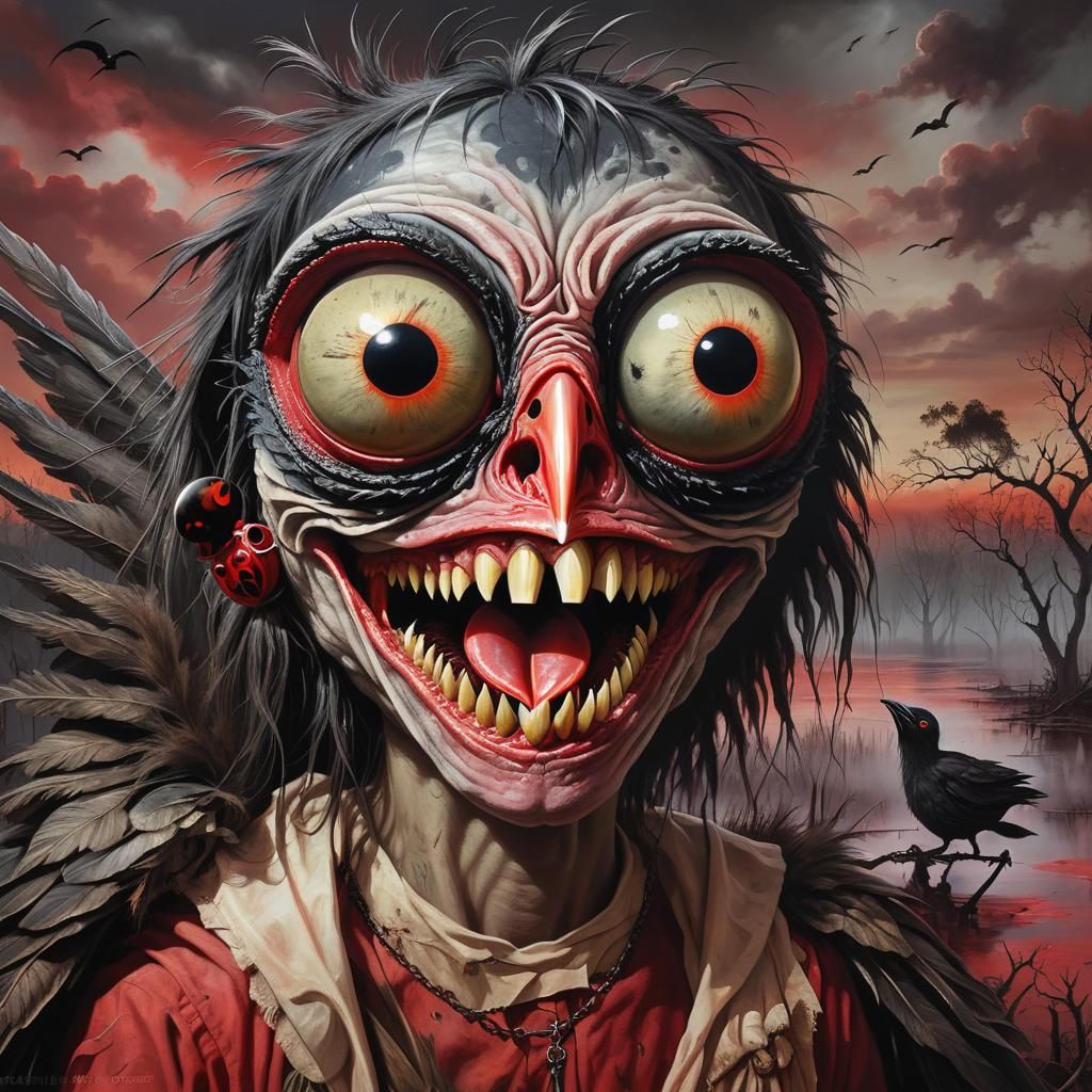 Surreal Bird Portrait in Swampy Fantasy Landscape
