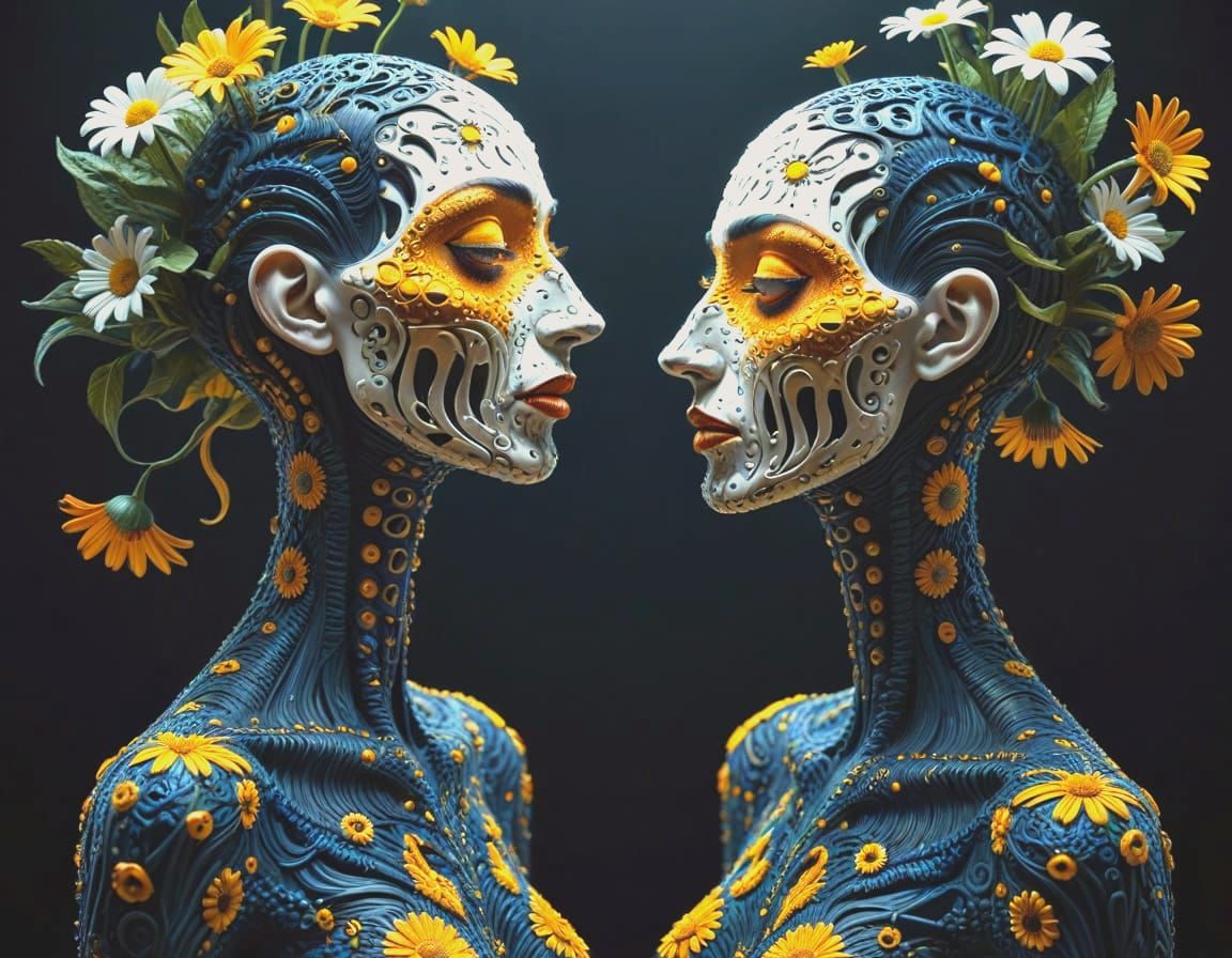 Surreal Figures with Daisy Heads in Modigliani Style