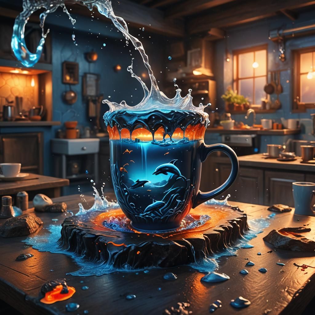 Lava and Water Cup with Dolphins, Detailed Matte Painting