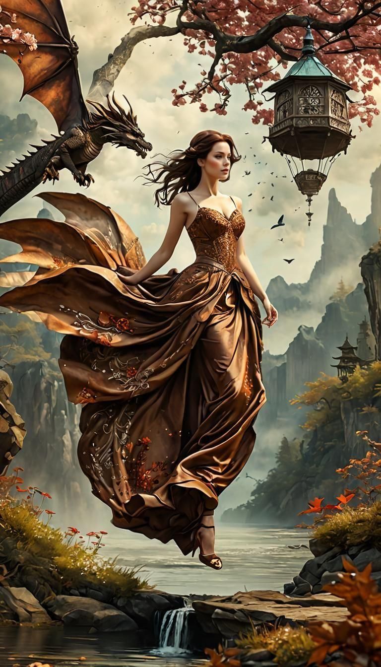Elegant Woman in Fairytale Kingdom with Dragon