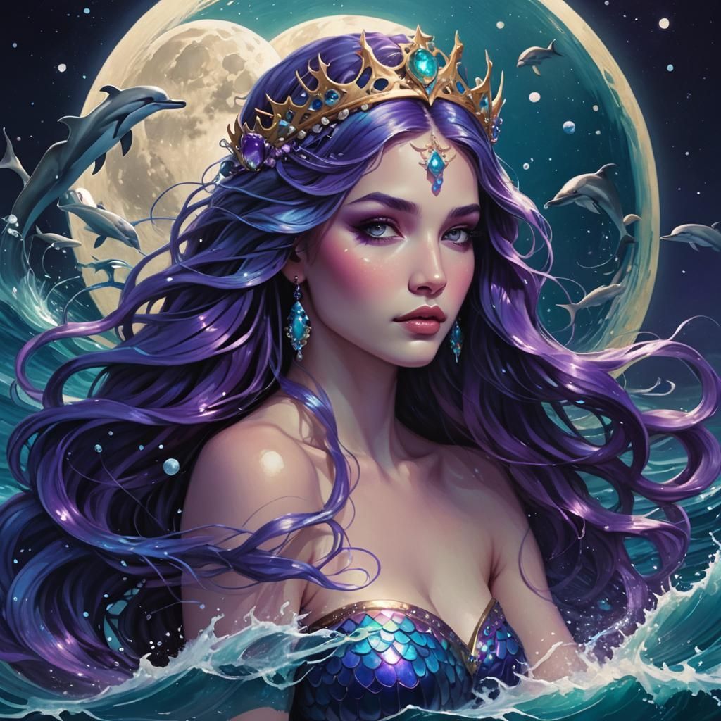 Mermaid with Blue Hair in Moonlit Ocean