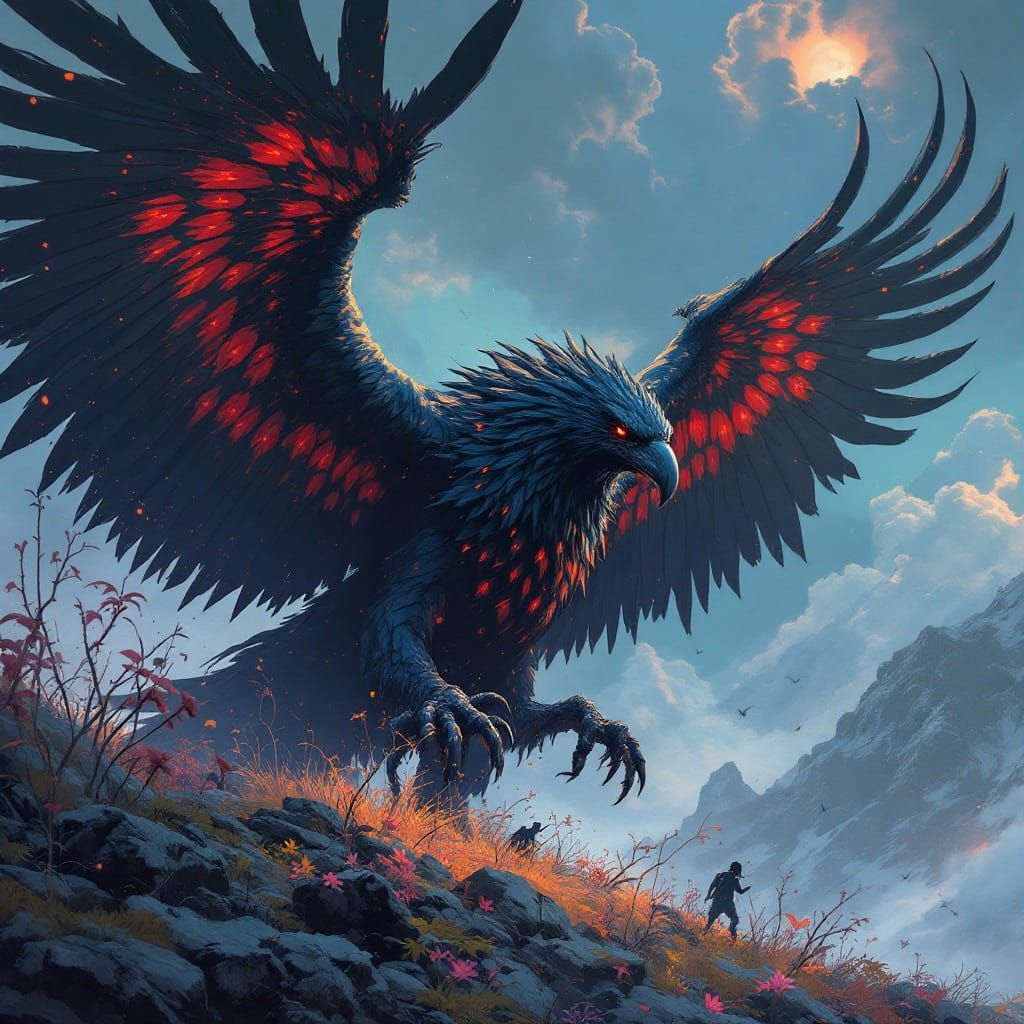 Majestic Eagle with Chicks in Nest in a Dazzling Fantasy Art...