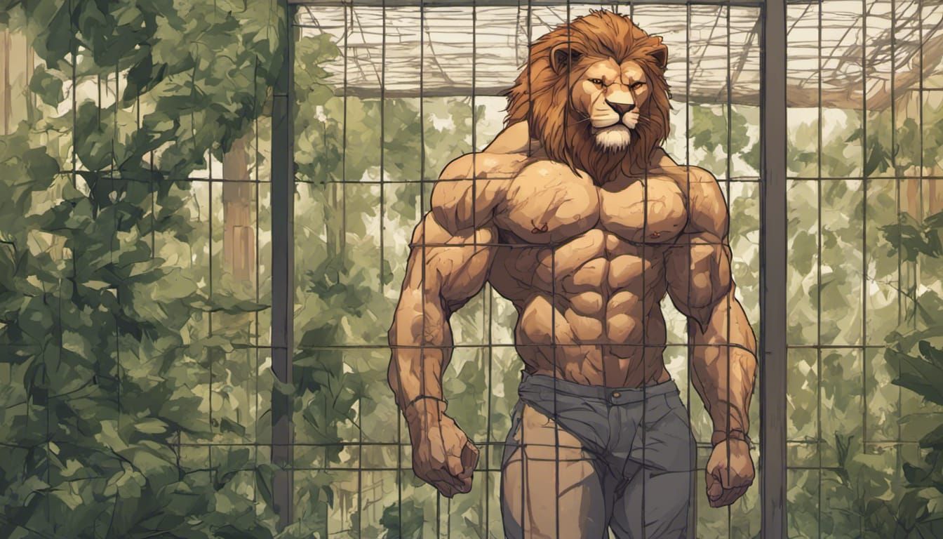 Anthro Lion Bodybuilder in Zoo: Comic Art